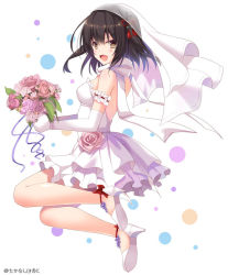 Rule 34 | 10s, 1girl, :d, backless dress, backless outfit, bare back, bare shoulders, black hair, bouquet, brown eyes, dress, elbow gloves, flower, full body, gloves, hair ornament, high heels, kantai collection, looking at viewer, looking back, open mouth, sendai (kancolle), sendai kai ni (kancolle), shoes, short dress, short hair, simple background, smile, solo, takanashi haruto, two side up, veil, wedding dress, white background, white dress, white footwear, white gloves