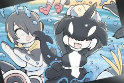 Rule 34 | 6+girls, :d, bad id, bad pixiv id, ball, beach, beachball, bird tail, black hair, blank eyes, blowhole, cetacean tail, chibi, covered eyes, day, dorsal fin, dress, emperor penguin (kemono friends), facing another, facing viewer, fins, fish tail, frills, furrowed brow, gentoo penguin (kemono friends), gunzan, hair over eyes, hair over one eye, head fins, headphones, highres, hood, hood down, hoodie, humboldt penguin (kemono friends), kemono friends, long sleeves, medium hair, multicolored hair, multiple girls, open mouth, orange hair, orca (kemono friends), outdoors, partially submerged, penguin tail, penguins performance project (kemono friends), photo (object), red hair, rockhopper penguin (kemono friends), royal penguin (kemono friends), sand, shoes, smile, splashing, streaked hair, surprised, tail, water, white hair