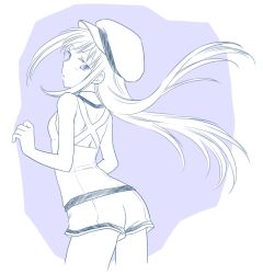 Rule 34 | 10s, 1girl, akemi homura, alternate costume, ass, cabbie hat, from behind, greyscale, hat, head tilt, image sample, kinoji, long hair, looking at viewer, looking back, mahou shoujo madoka magica, mahou shoujo madoka magica (anime), monochrome, pixiv sample, shorts, simple background, solo