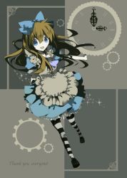 Rule 34 | 1girl, alice (alice in wonderland), alice in wonderland, apron, bad id, bad pixiv id, black &amp; white, blonde hair, blue dress, blue eyes, bow, clock, dress, gears, happy, long hair, pantyhose, patterned legwear, ribbon, satsuan0120, smile, solo, striped clothes, striped pantyhose