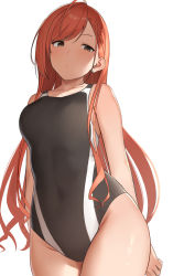Rule 34 | 1girl, ahoge, arisugawa natsuha, arms behind back, black eyes, black one-piece swimsuit, blush, breasts, closed mouth, collared shirt, competition swimsuit, earrings, highres, idolmaster, idolmaster shiny colors, jewelry, long hair, looking at viewer, medium breasts, noel (nnoelllll), one-piece swimsuit, orange hair, shirt, simple background, solo, swimsuit, very long hair, white background