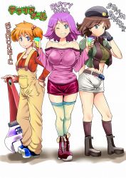 Rule 34 | 3girls, bare shoulders, blue eyes, blush, breasts, brown hair, cholesenel, collarbone, hair ornament, hat, highres, large breasts, long sleeves, looking at viewer, mechanic (terraria), midriff, multiple girls, navel, one eye closed, orange hair, overalls, oversized object, pants, party girl (terraria), party popper, pencil skirt, pink hair, ponytail, short hair, short twintails, skirt, smile, steampunker (terraria), suspenders, terraria, thighhighs, twintails, wrench