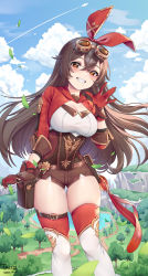 Rule 34 | 1girl, amber (genshin impact), blue sky, blush, boots, breasts, brown eyes, brown hair, brown shorts, cleavage, cloud, cloudy sky, crossed bangs, dated, day, fang, floating hair, genshin impact, gloves, goggles, gold trim, grin, hair between eyes, hair ribbon, hand up, highres, large breasts, long hair, looking at viewer, outdoors, parted lips, red ribbon, red thighhighs, ribbon, short shorts, shorts, signature, skindentation, sky, smile, solo, standing, tacco (tikeworld), thick thighs, thigh boots, thigh gap, thighhighs, thighs, very long hair