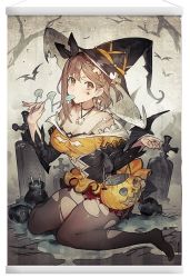 Rule 34 | 1girl, atelier (series), atelier ryza, atelier ryza 2, bat (animal), black pantyhose, black ribbon, breasts, brown eyes, brown hair, candy, cleavage, cross, food, grave, hair ribbon, halloween, halloween costume, hat, jack-o&#039;-lantern, jewelry, long sleeves, looking at viewer, medium breasts, necklace, pantyhose, pumpkin, reisalin stout, ribbon, short hair, solo, thick thighs, thighs, tombstone, torn clothes, torn pantyhose, witch hat