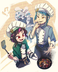 Rule 34 | !?, 4boys, blue bow, blue hair, bow, chef hat, cooking, earrings, fang, frying pan, ghost, hat, highres, holding, holding frying pan, holding spatula, jade leech, jewelry, lilia vanrouge, male focus, multiple boys, open mouth, oven mitts, pointy ears, ramshackle ghosts, red eyes, sharp teeth, slit pupils, spatula, striped bow, teeth, twisted wonderland, ukata, yellow eyes