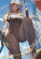 Rule 34 | 1girl, black gloves, blue sky, blurry, blurry background, braid, breasts, closed mouth, commentary, day, earrings, foreshortening, from below, genshin impact, gloves, hair over one eye, highres, hip vent, holding, holding weapon, jewelry, knee up, large breasts, long hair, looking at viewer, looking down, low-braided long hair, low-tied long hair, mountain, outdoors, patreon logo, patreon username, polearm, shenhe (genshin impact), shexyo, silver hair, sky, solo, spear, standing, tassel, tassel earrings, thick thighs, thighs, watermark, weapon, web address, wide hips