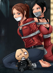 Rule 34 | 2girls, absurdres, ada wong, black hair, blue eyes, bound, bound ankles, bound torso, bound wrists, breasts, brown eyes, brown hair, capcom, choker, claire redfield, cleavage, dress, earrings, gag, gagged, highres, improvised gag, jewelry, legs, lost one zero, medium breasts, multiple girls, nemesis (resident evil), red dress, resident evil, resident evil 2, seiza, shirt, shorts, sitting, sweat, tape, tape gag, thighs
