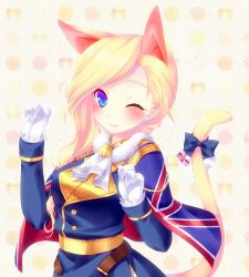 Rule 34 | 1girl, animal ears, azur lane, bad id, bad twitter id, bell, belt, blonde hair, blue eyes, blush, breasts, buttons, cat ears, cat tail, cowboy shot, earrings, gloves, hood (azur lane), jewelry, looking at viewer, military, military uniform, one eye closed, paw pose, ribbon, short hair, smile, solo, tail, tail ornament, tail ribbon, uniform, union jack