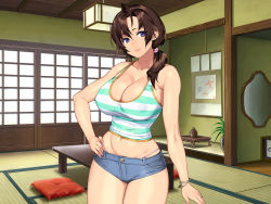 Rule 34 | 1girl, 23 (real xxiii), ahoge, bare arms, bare legs, bare shoulders, bracelet, breasts, brown hair, cleavage, closed mouth, covered erect nipples, cowboy shot, female focus, floor, groin, hair over shoulder, hair tie, hand on own hip, highres, inaka no onee-chan to hito natsu docha ero icha love sex, indoors, jewelry, large breasts, legs, legs together, light smile, long hair, looking at viewer, low ponytail, midriff, mirror, mole, mole under eye, navel, original, pillow, plant, ponytail, purple eyes, ring, short shorts, shorts, smile, solo, standing, striped, striped tank top, tank top, tatami, thighs, thong, vase