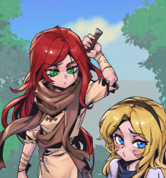 Rule 34 | 2girls, :/, bandaged arm, bandages, blonde hair, blush, brown hairband, brown scarf, day, green eyes, hairband, holding, holding weapon, katarina (league of legends), league of legends, long hair, long sleeves, looking at another, looking at viewer, lux (league of legends), multiple girls, outdoors, phantom ix row, puckered lips, red hair, scar, scar across eye, scarf, short sleeves, tree, weapon, weapon on back