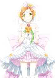 Rule 34 | 10s, 1girl, bad id, bad pixiv id, bare shoulders, bouquet, choker, dress, earrings, female focus, flower, frilled dress, frills, hair flower, hair ornament, hoshizora rin, jewelry, looking at viewer, love live!, love live! school idol festival, love live! school idol project, love wing bell, mikiiro, orange hair, short hair, simple background, smile, solo, standing, strapless, strapless dress, thighhighs, veil, wavy mouth, white background, white dress, white thighhighs, yellow eyes