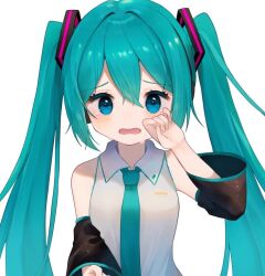 Rule 34 | 1girl, blue eyes, blue hair, blush, collared shirt, commentary request, crying, detached sleeves, hair ornament, hatsune miku, long hair, long sleeves, looking at viewer, necktie, rubbing eyes, shirt, sleeveless, sleeveless shirt, solo, suiren nei, tears, twintails, upper body, very long hair, vocaloid, wavy mouth, white background