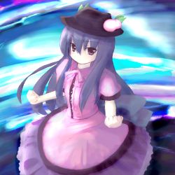 Rule 34 | 1girl, blue hair, buttons, center frills, dress, female focus, food, frills, fruit, hat, hinanawi tenshi, long hair, looking at viewer, lowres, peach, puffy short sleeves, puffy sleeves, red eyes, short sleeves, solo, touhou, tsubasa (abchipika), white dress