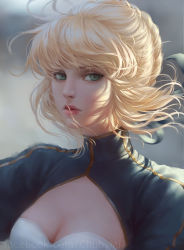 Rule 34 | 1girl, artist name, artoria pendragon (all), artoria pendragon (fate), blonde hair, blue dress, blurry, blurry background, breasts, chuby mi, cleavage, cleavage cutout, close-up, closed mouth, clothing cutout, dress, expressionless, eyelashes, fate/stay night, fate (series), floating hair, green eyes, highres, lips, looking at viewer, medium breasts, outdoors, portrait, realistic, saber (fate), short hair, solo, upper body, watermark, web address, wind