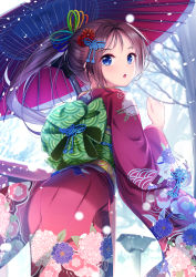 Rule 34 | 1girl, ass, bad id, bad pixiv id, bare tree, blue eyes, blurry, blurry background, brown hair, commentary request, depth of field, floral print, flower, from behind, hair flower, hair ornament, highres, japanese clothes, kimono, long hair, long sleeves, looking at viewer, looking back, obi, oil-paper umbrella, original, outdoors, parted lips, ponytail, print kimono, red flower, red kimono, revision, sash, sidelocks, snow, snowing, solo, torii, tree, umbrella, very long hair, wide sleeves, yan (nicknikg)
