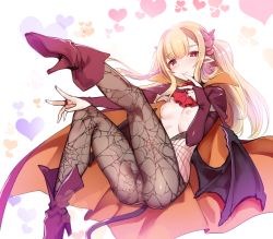 Rule 34 | 1girl, absurdres, ankle boots, blonde hair, blush, boots, breasts, bridal gauntlets, brown pantyhose, cameltoe, cape, cleft of venus, demon girl, demon horns, demon tail, demon wings, fang, fang out, finger to mouth, halloween, harigane shinshi, high heel boots, high heels, highres, horns, long hair, looking at viewer, nipples, no panties, original, pantyhose, pantyhose around one leg, pointy ears, red eyes, red footwear, shoe soles, small breasts, smile, solo, spider web print, tail, wings