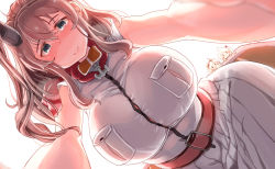 Rule 34 | 10s, 3girls, anchor choker, belt, blue eyes, breasts, brown hair, chibi, from below, huge breasts, kantai collection, long hair, looking at viewer, looking down, multiple girls, saratoga (kancolle), shimetta seiya, skirt, smile