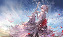 Rule 34 | 1girl, bad id, bad pixiv id, blue eyes, cloud, cloudy sky, dress, gloves, highres, holding, holding sword, holding weapon, huge weapon, jname, long hair, looking away, ponytail, sinoalice, sky, snow white (sinoalice), solo, sword, weapon, white dress, white gloves, white hair