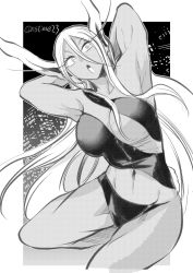 Rule 34 | 1girl, animal ears, armpits, arms behind head, arms up, boku no hero academia, breasts, dark-skinned female, dark skin, eyelashes, greyscale, highres, long hair, looking to the side, mirko, monochrome, muscular, muscular female, navel, nstime23, rabbit ears, revealing clothes, solo, very long hair