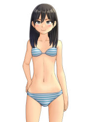 Rule 34 | 1girl, black eyes, black hair, blue bra, blue panties, blush, bra, breasts, closed mouth, commentary request, cowboy shot, crotch seam, hand on own hip, looking at viewer, maburu (lojyq1eur3e8bit), medium hair, navel, original, panties, simple background, small breasts, smile, solo, standing, striped bra, striped clothes, striped panties, underwear, underwear only, white background