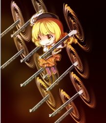 Rule 34 | 1girl, bad id, bad pixiv id, beret, blonde hair, blurry, boots, breasts, chibi, corset, depth of field, drill hair, fate/stay night, fate (series), fingerless gloves, gate of babylon (fate), gloves, grin, gun, hair ornament, hat, magical girl, magical musket, mahou shoujo madoka magica, mahou shoujo madoka magica (anime), medium breasts, parody, pleated skirt, skirt, smile, solo, striped clothes, striped thighhighs, thighhighs, tomoe mami, tora suzume, vertical-striped clothes, vertical-striped thighhighs, weapon, yellow eyes