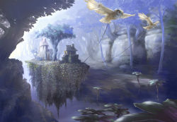Rule 34 | apple, bird, coz (commit), floating island, food, fruit, house, lilies, lily pad, no humans, owl, pixiv fantasia, river, scenery, tree, water
