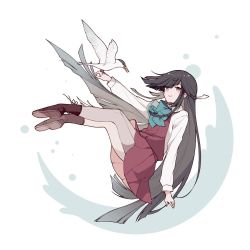 Rule 34 | 1girl, 1other, animal request, bird, black hair, boots, bow, bowtie, brown footwear, commentary request, cross-laced footwear, full body, grey pantyhose, hair over one eye, hair ribbon, halterneck, hayashimo (kancolle), kantai collection, lace-up boots, long hair, pantyhose, ribbon, school uniform, shakemi (sake mgmgmg), shirt, very long hair, white ribbon, white shirt
