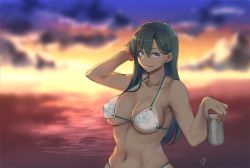 Rule 34 | &gt;:), 10s, 1girl, alternate costume, aqua eyes, backlighting, bare arms, bare shoulders, beer can, bikini, blurry, blush, breasts, can, cleavage, closed mouth, collarbone, curvy, depth of field, drink can, evening, flower, grey hair, hair flower, hair ornament, halterneck, hayabusa (vert 320), kantai collection, large breasts, long hair, looking at viewer, mole, mole on breast, navel, ocean, smile, solo, stomach, suzuya (kancolle), swimsuit, upper body, v-shaped eyebrows, white bikini, wide hips