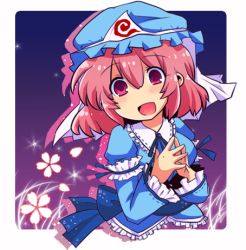 Rule 34 | 1girl, blush, colorized, female focus, fingers together, hat, lowres, open mouth, pink eyes, pink hair, r-ko (rayla), saigyouji yuyuko, solo, touhou, upper body