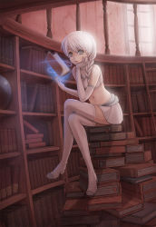 Rule 34 | 1girl, book, book stack, bookshelf, braid, crossed legs, elbow gloves, floating book, floating object, gloves, grey eyes, hand on own chin, head rest, highres, library, long legs, looking at viewer, magic, midriff, navel, original, sitting, skirt, solo, sunimu, thighhighs, white hair, white thighhighs