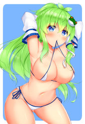 Rule 34 | 1girl, antenna hair, armpits, arms behind head, arms up, bare shoulders, bikini, blue background, blue eyes, blush, border, breasts, collarbone, commentary request, cowboy shot, daichi (tokoya), detached sleeves, frog hair ornament, gluteal fold, green hair, hair between eyes, hair ornament, hair tubes, highres, kochiya sanae, large breasts, long hair, long sleeves, looking at viewer, micro bikini, mouth hold, navel, outside border, partial commentary, side-tie bikini bottom, sidelocks, simple background, snake hair ornament, solo, standing, stomach, swimsuit, thighs, touhou, white bikini, white border