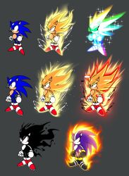 Rule 34 | aura, dark sonic, darkspine sonic, frown, gloves, glowing, glowing eyes, green eyes, grey background, highres, hyper sonic, maxoke, multiple persona, red eyes, red footwear, serious, smile, sonic (series), sonic and the secret rings, sonic frontiers, sonic the hedgehog, sonic the hedgehog (classic), sonic the hedgehog 3, sonic x, sparkle, spiked hair, super sonic, super sonic 2, white gloves