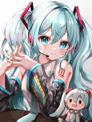 Rule 34 | 1girl, absurdres, blue eyes, blue hair, blue nails, blush, breasts, character doll, commentary, detached sleeves, grey background, hair between eyes, hands up, hatsune miku, highres, kayon (touzoku), long hair, long sleeves, looking at viewer, medium breasts, nail polish, revision, simple background, smile, solo, twintails, upper body, very long hair, vocaloid