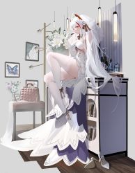 Rule 34 | 1girl, absurdres, antenna hair, azur lane, blue butterfly, book, bottle, breasts, bridal veil, bug, butterfly, commentary request, cosmetics, desk, dress, elbow gloves, flower, full body, gloves, headgear, high heels, highres, holding, holding lipstick tube, insect, lipstick tube, long hair, looking at viewer, multicolored hair, no shoes, official alternate costume, panties, plant, potted plant, prinz eugen (azur lane), prinz eugen (symphonic fate) (azur lane), red eyes, red hair, rib (rib delesetong), shoes, unworn shoes, sideways glance, sitting, smile, solo, streaked hair, underwear, veil, very long hair, white dress, white flower, white gloves, white hair, white legwear