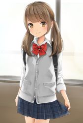 Rule 34 | 1girl, arms at sides, backpack, bag, blue skirt, blush, brown eyes, brown hair, cardigan, closed mouth, cowboy shot, highres, holding, holding clothes, holding skirt, indoors, long hair, looking at viewer, low twintails, original, plaid, plaid skirt, pleated skirt, school uniform, shimamuucho, sidelocks, skirt, smile, solo, standing, tareme, twintails, window