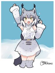Rule 34 | 1girl, animal print, arm up, b0b kemo, bare shoulders, blush, bow, bowtie, canadian lynx (kemono friends), cat print, center frills, detached sleeves, elbow gloves, frills, gloves, grey bow, grey bowtie, grey hair, grey skirt, grey sleeves, grey thighhighs, hair between eyes, high-waist skirt, highres, kemono friends, looking at viewer, multicolored hair, open mouth, print skirt, print sleeves, print thighhighs, shirt, short hair, skirt, smile, solo, thighhighs, white hair, white shirt, yellow eyes, zettai ryouiki