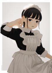 Rule 34 | 1girl, akai sashimi, apron, apron hold, artist name, black dress, black eyes, black hair, border, braid, breasts, collared dress, cowboy shot, dress, finger in ear, frilled apron, frills, grey background, hand up, highres, long hair, looking at viewer, maid, maid apron, maid headdress, original, outside border, parted lips, sidelocks, simple background, single braid, skirt hold, sleeve cuffs, sleeves past elbows, small breasts, solo, standing, white apron, white border
