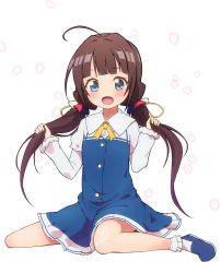 Rule 34 | 10s, 1girl, :d, absurdres, blue dress, blue eyes, blue footwear, blush, bobby socks, brown hair, commentary request, dress, full body, highres, hinatsuru ai, holding, holding own hair, jukai, layered sleeves, long hair, long sleeves, looking at viewer, low twintails, open mouth, petals, puffy short sleeves, puffy sleeves, revision, ryuuou no oshigoto!, school uniform, shoes, short over long sleeves, short sleeves, sitting, smile, socks, solo, twintails, very long hair, wariza, white background, white socks