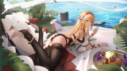 Rule 34 | 1girl, anklet, apple, arknights, ball, beachball, bead anklet, black thighhighs, blonde hair, blue eyes, cherry, cup, day, dragon girl, dragon horns, drinking glass, feet up, food, fruit, grapes, highres, horns, jewelry, leaf, ling dianxia, log, long hair, looking at viewer, orange (fruit), outdoors, saileach (arknights), saileach (summer flowers) (arknights), solo, stirrup legwear, thighhighs, toeless legwear, very long hair, water, wine glass