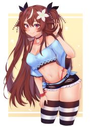 Rule 34 | 1girl, black bow, black choker, black shorts, blush, border, bow, bracelet, breasts, choker, cleavage, closed mouth, commission, cropped legs, cropped shirt, dated, flower, hair bow, hair flower, hair ornament, hand up, highleg, highleg panties, highres, jewelry, leaning forward, looking at viewer, medium breasts, micro shorts, midriff, multicolored hair, navel, original, panties, panty straps, red eyes, red panties, shorts, signature, skindentation, smile, solo, streaked hair, striped clothes, striped thighhighs, temachii, thighhighs, torn clothes, torn shorts, underwear, virtual youtuber, white border, white flower, yellow background