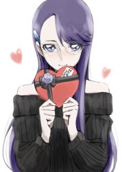 Rule 34 | 10s, 1girl, bare shoulders, black shirt, blue eyes, flower, glasses, heart, heartcatch precure!, long hair, looking at viewer, precure, purple hair, shirt, smile, solo, sweater, tsukikage oyama, tsukikage yuri, valentine, white background