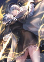Rule 34 | 1girl, ahoge, aqua eyes, arm up, aura, black cape, black dress, breasts, cape, cloak, commentary request, cowboy shot, dress, energy spear, fate/grand order, fate (series), fur-trimmed cloak, fur trim, gray (fate), hair between eyes, highres, holding, holding polearm, holding spear, holding weapon, hood, light particles, long hair, looking at viewer, lord el-melloi ii case files, mashuu (neko no oyashiro), medium breasts, parted lips, polearm, short dress, solo, spear, standing, thighs, weapon, white hair, wind
