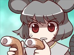 Rule 34 | 1girl, animal ears, chikuwa, female focus, food, grey hair, mono (moiky), mouse ears, mouse tail, nazrin, no nose, non-web source, portrait, red eyes, solo, sweat, sweatdrop, tail, touhou