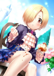Rule 34 | 10s, 1girl, :o, ascot, black bow, black bowtie, blonde hair, blue skirt, blue sky, blush, bow, bowtie, brown eyes, building, buttons, castle, chair, cup, earrings, fir tree, flower, food, food on body, food on legs, frills, hair over one eye, highres, holding, idolmaster, idolmaster cinderella girls, jewelry, leaf, long sleeves, looking at viewer, outdoors, parted lips, pink flower, pink rose, rose, shirasaka koume, shirt, short hair, sitting, skirt, sky, solo, spoon, tree, white shirt, zen