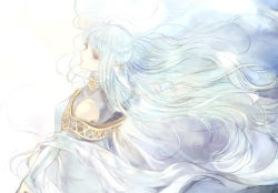 Rule 34 | 1girl, dress, fire emblem, fire emblem: the blazing blade, floating hair, from side, kuzumosu, long hair, ninian (fire emblem), nintendo, outstretched arms, red eyes, silver hair, solo, very long hair, white dress