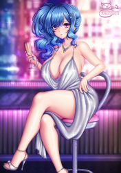 Rule 34 | artist logo, azur lane, bare arms, bare legs, bare shoulders, blue hair, blue nails, bracelet, breasts, champagne flute, cleavage, crossed legs, cup, dress, drinking glass, evening gown, hair ornament, hairclip, high heels, highres, holding, holding cup, indoors, jewelry, large breasts, looking at viewer, nail polish, necklace, official alternate costume, pink eyes, plunging neckline, revealing clothes, sevie, side ponytail, sidelocks, silver dress, silver footwear, sitting, st. louis (azur lane), st. louis (luxurious wheels) (azur lane)