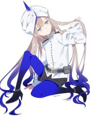 Rule 34 | 1boy, absurdres, androgynous, belt, black belt, black shorts, blue pantyhose, brown hair, buttons, captain nemo (fate), fate/grand order, fate (series), gradient hair, hat feather, high heels, highres, jitome, knee up, long hair, long sleeves, male focus, multicolored hair, nemo (fate), pantyhose, shirt, shorts, simple background, solo, tetsu (teppei), turban, very long hair, white headwear, white shirt