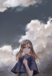 Rule 34 | 1girl, absurdres, bad id, bad twitter id, blonde hair, blue sky, capelet, closed mouth, cloud, cloudy sky, day, dress, grey eyes, hand on own chest, highres, long hair, looking at viewer, outdoors, short sleeves, sky, smile, solo, standing, treeware, upper body, wide shot