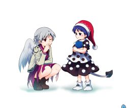 Rule 34 | 2girls, :3, aged down, angel wings, black dress, blue eyes, blue hair, blush, book, boots, braid, brown footwear, brown jacket, commentary request, doremy sweet, dress, finger to mouth, french braid, grey wings, hat, highres, holding, holding book, jacket, kishin sagume, knees, layered dress, looking at another, multicolored clothes, multicolored dress, multiple girls, nightcap, one eye closed, pom pom (clothes), purple dress, red eyes, shikushiku (amamori weekly), shoes, short hair, silver hair, simple background, single wing, smile, squatting, tail, tapir tail, thighs, touhou, white background, white dress, white footwear, wings
