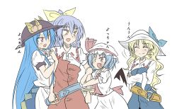 Rule 34 | &gt;:d, 4girls, :d, ^ ^, arm hug, belt, blonde hair, blue hair, bracelet, closed eyes, commentary, crossed arms, dress, closed eyes, food, fruit, girl sandwich, hat, hinanawi tenshi, hug, jewelry, layered dress, long hair, mob cap, multiple girls, one-hour drawing challenge, open mouth, peach, ponytail, purple hair, red eyes, remilia scarlet, sandwiched, shamisen (syami sen), short hair, smile, touhou, translated, tsurime, v-shaped eyebrows, very long hair, watatsuki no toyohime, watatsuki no yorihime, wavy hair, yellow eyes